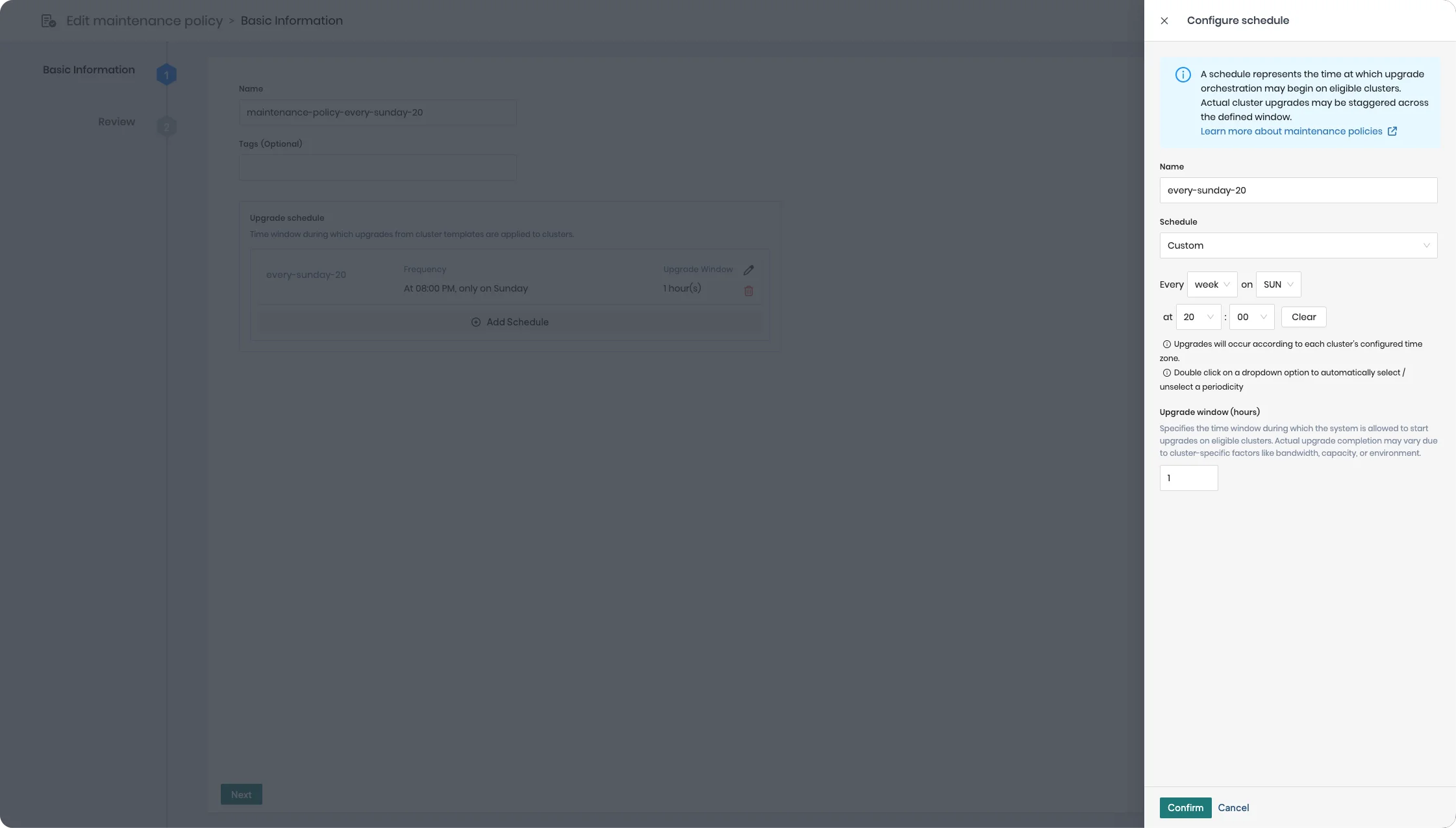 Configuring a schedule for a maintenance policy