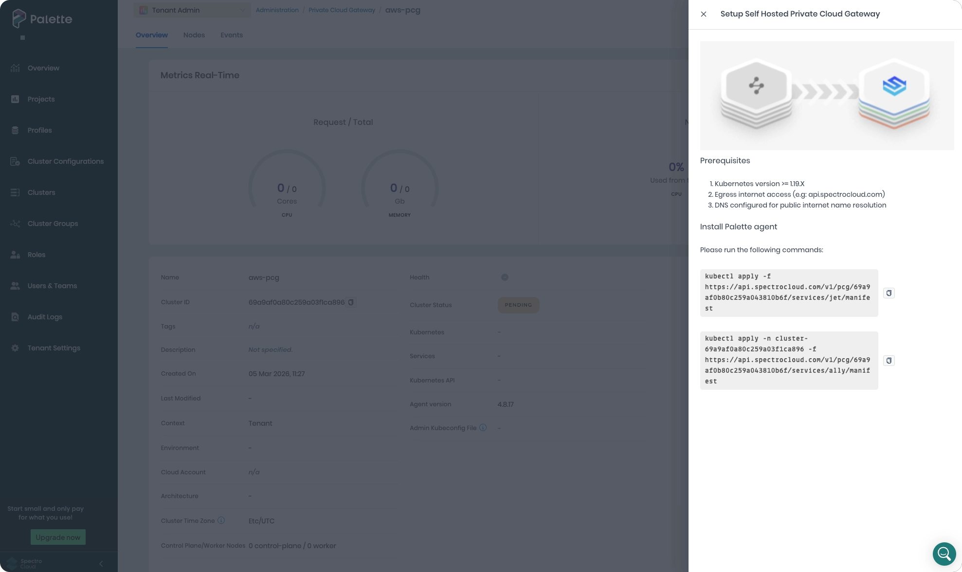 View of the cluster details page with the side drawer extended that contains the kubectl commands