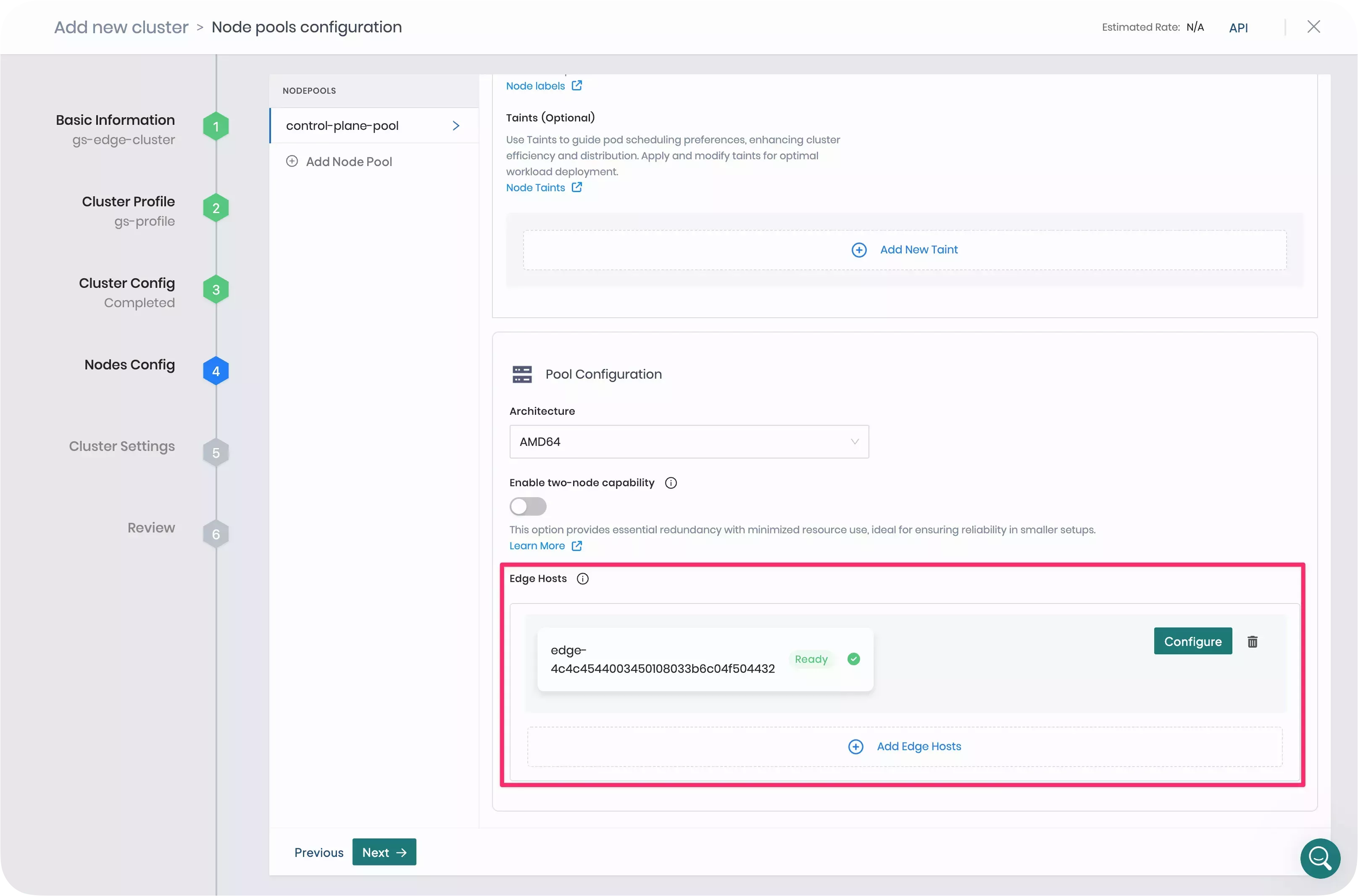 A screenshot of the nodes config during cluster deployment.