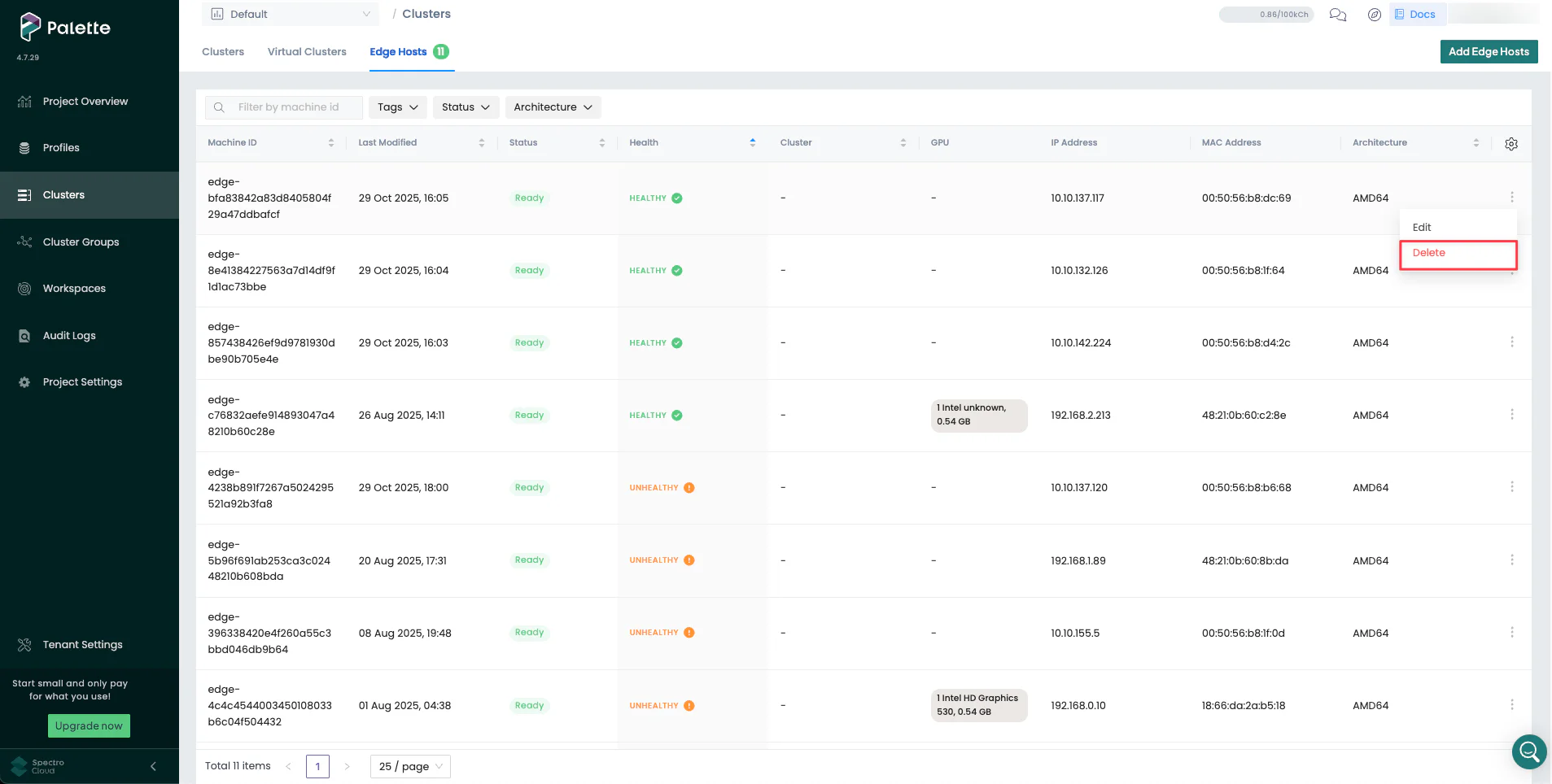 Screenshot of deleting edge hosts from Palette